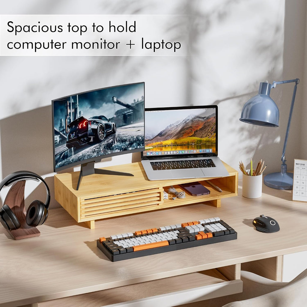 Computer Monitor Stand with Drawer, Dual Laptop Stand for Desk,Single Monitor Riser with Storage,Wood Office Desk Organizer & Accessories - view 4