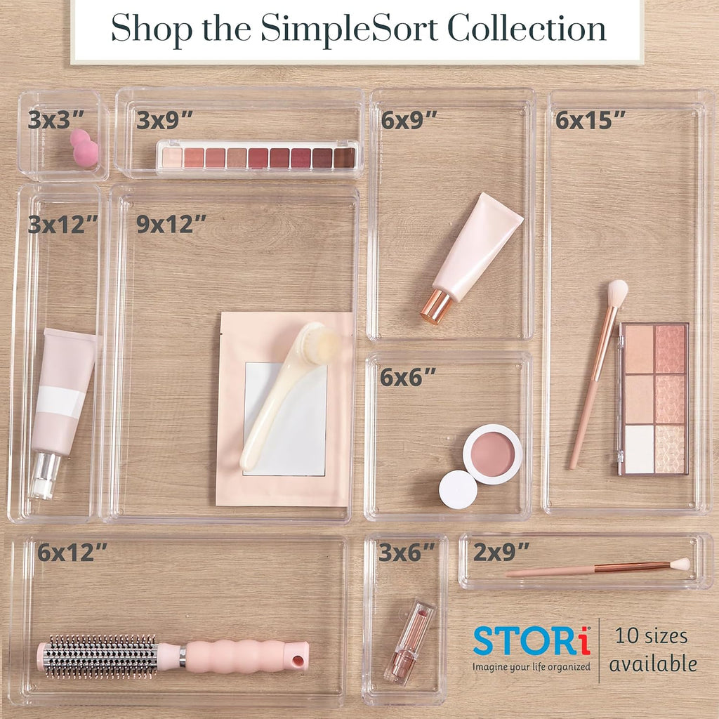 18-piece stackable clear drawer organizer set | multi-size trays | makeup vanity storage bins and office desk drawer dividers | made in USA - view 8