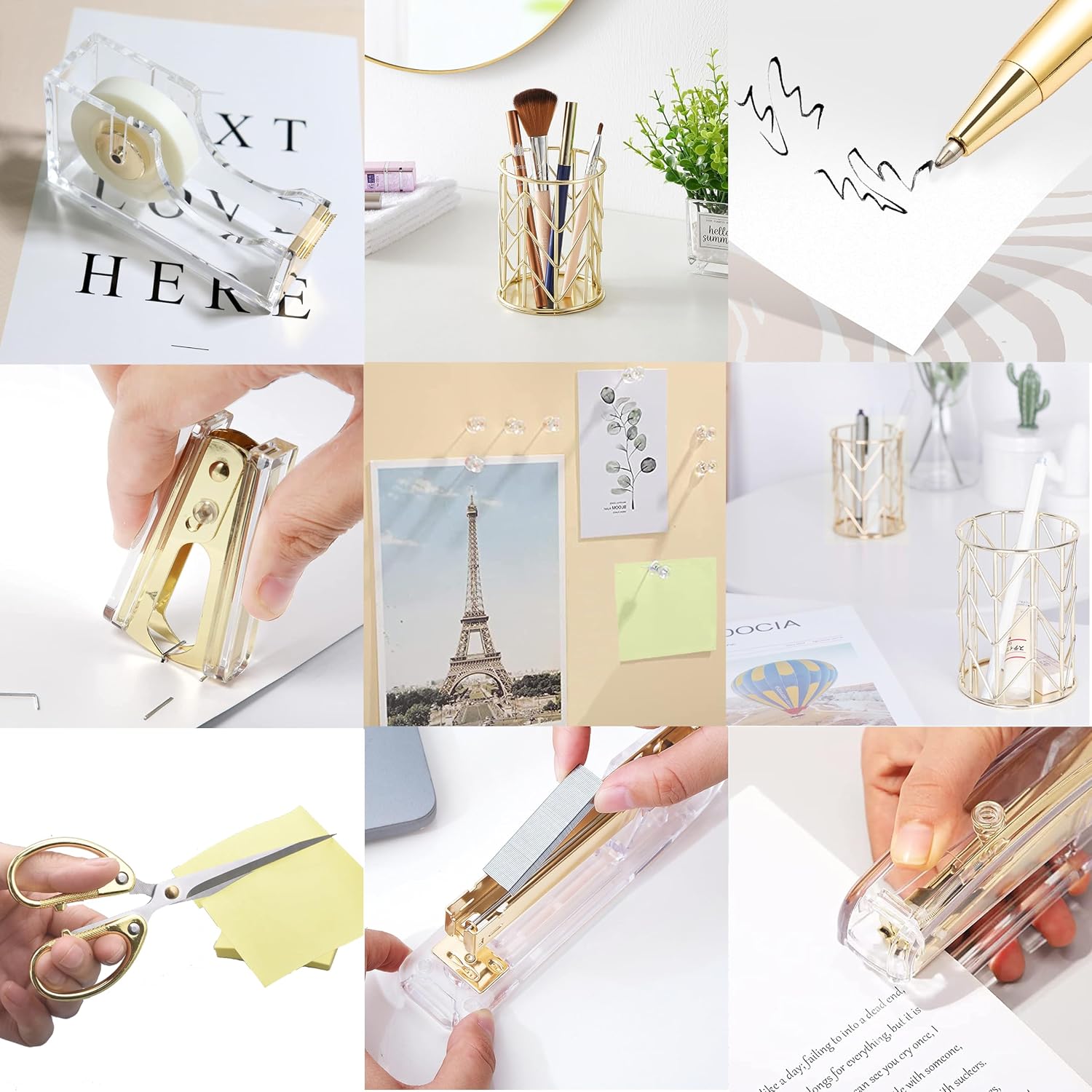 Gold Desk Accessories，Office Supplies Set Acrylic Stapler Set Staple Remover, Tape/Pen Holder, 2 Ballpoint Pen, Scissor, Binder/Paper Clips and 1000pcs Staples. - view 5