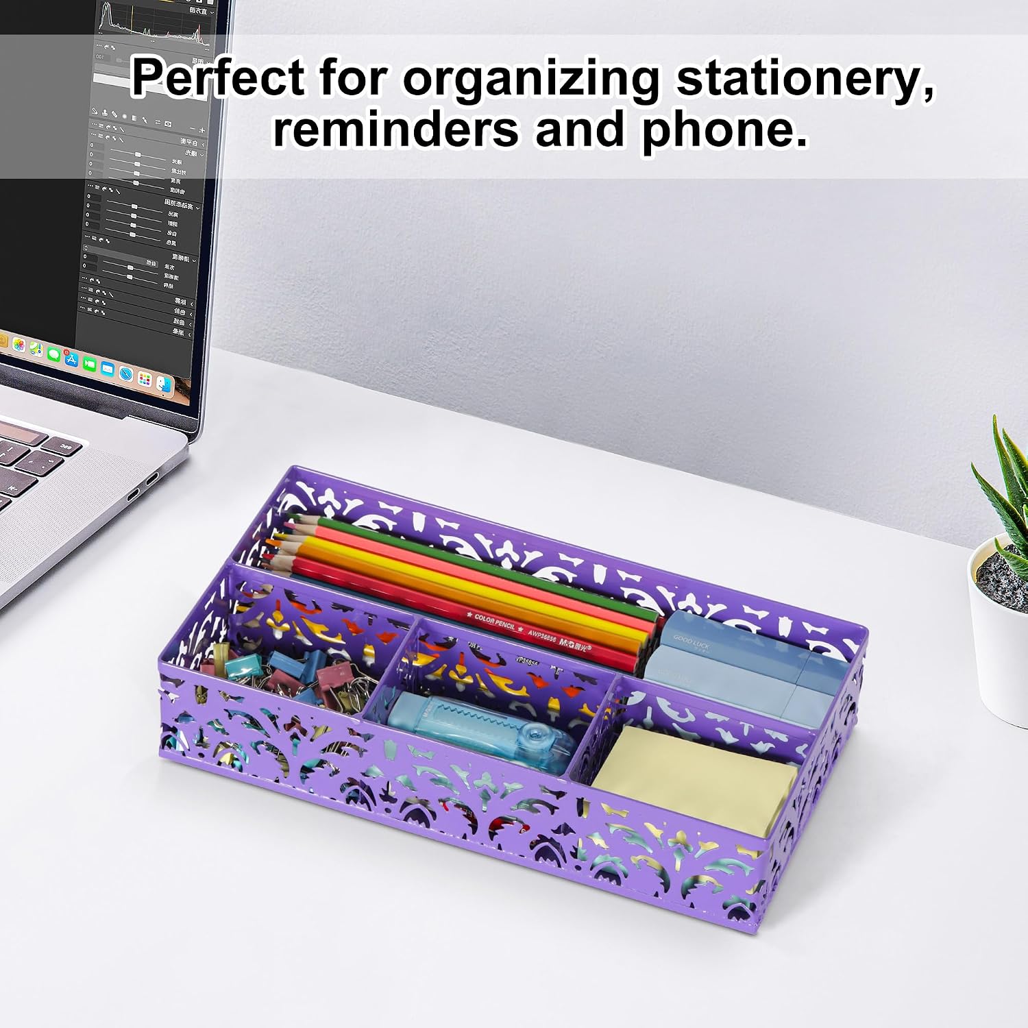 Desk Drawer Organizer with 4 Compartments, Carved Hollow Floral Metal Tray for Office, Jewelry, Cosmetics - No Assembly, Purple - view 3