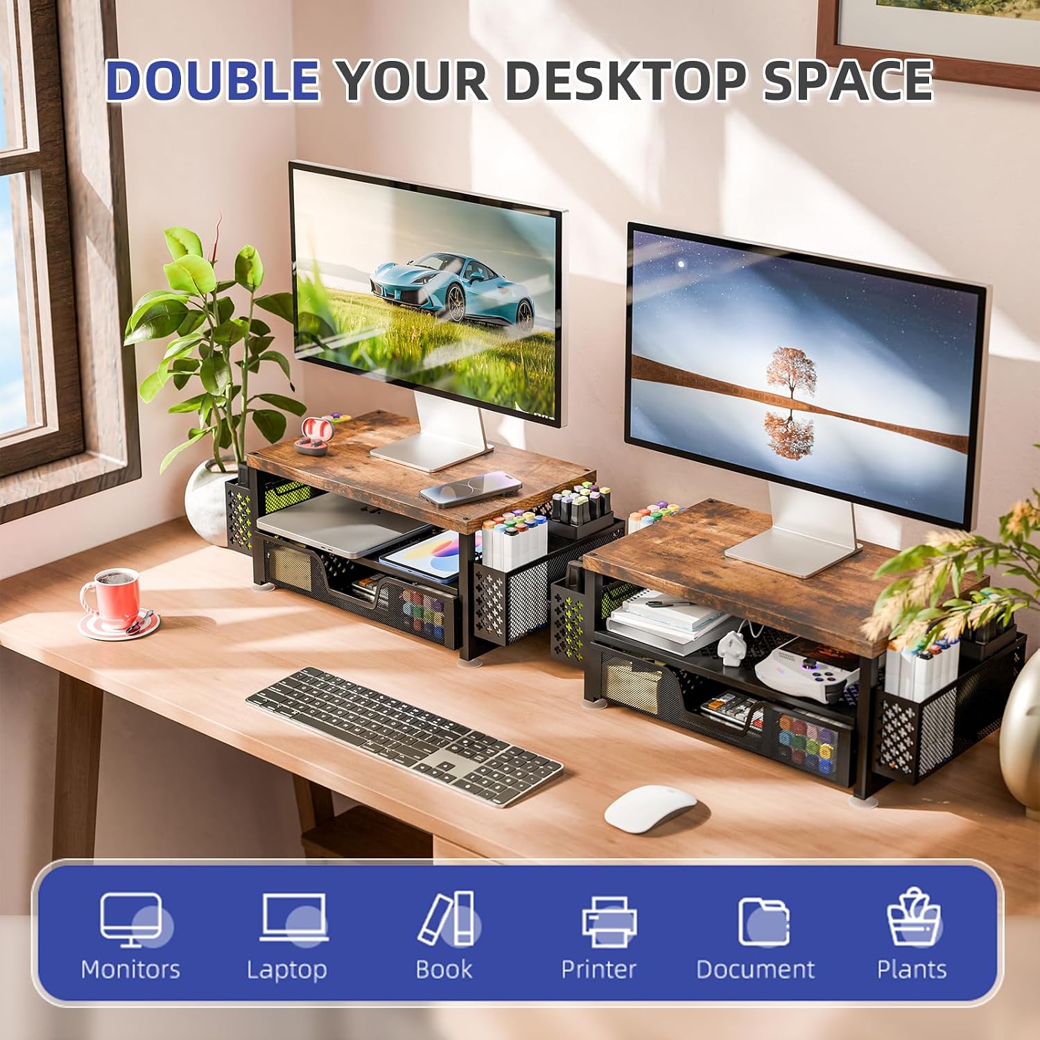 Monitor Stand with Drawer, 2-Tier Laptop Stand, Wood | Desk Organizers and Accessories with Drawer and 2 Pen Holders, Wood + Metal Stand Riser for Home Office, 20"W x 10"D x 5.8"H - view 5