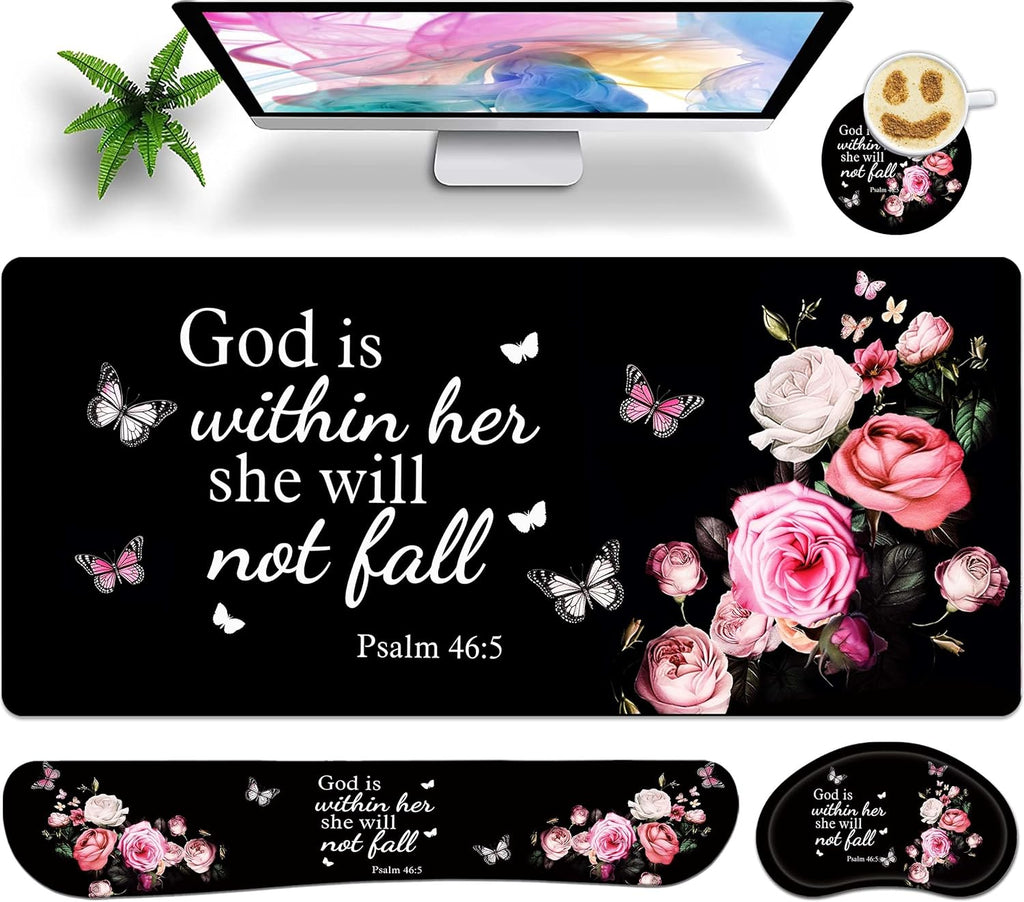 Large gaming mouse pad set 35.4 x 15.7 with keyboard wrist rest, wrist support, and coaster memory foam smooth desk pad mousepad for home office school - floral bible
