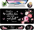 Large gaming mouse pad set 35.4 x 15.7 with keyboard wrist rest, wrist support, and coaster memory foam smooth desk pad mousepad for home office school - floral bible