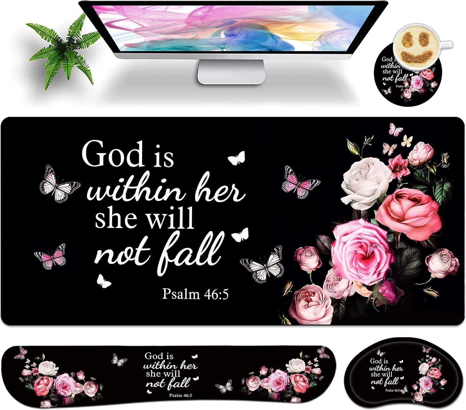 Large gaming mouse pad set 35.4 x 15.7 with keyboard wrist rest, wrist support, and coaster memory foam smooth desk pad mousepad for home office school - floral bible
