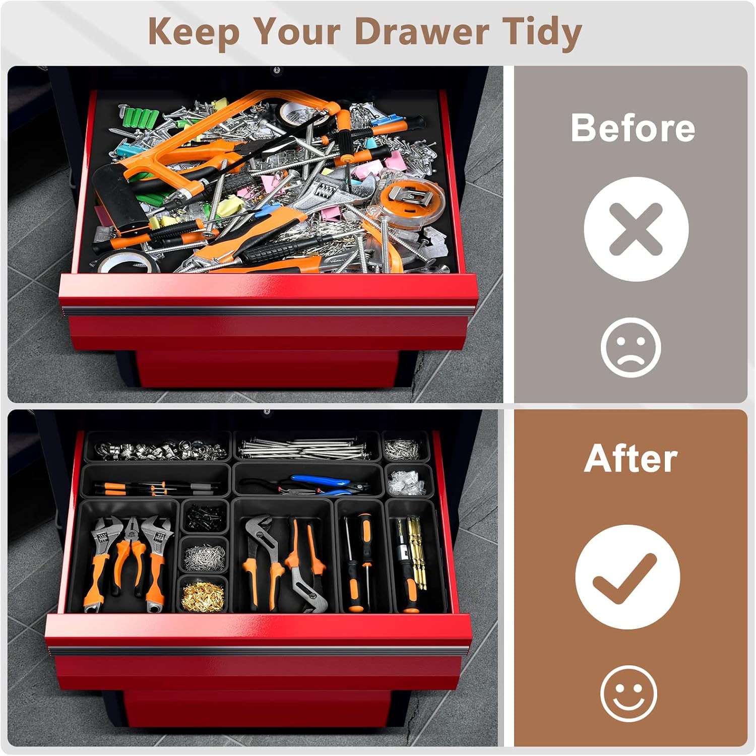 70 6 size tool box organizer tray divider set, black desk drawer organizer, garage organization and storage toolbox accessories rolling tool chest cart cabinet workbench small part - view 4