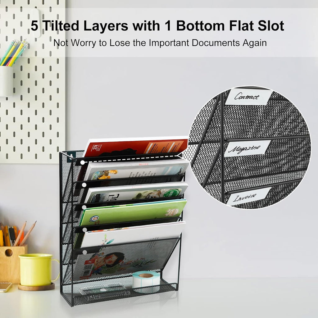 5 Tier Wall File Holder, Mesh Hanging Folder Organizer with Classify Label, Versatile Desk File Holder, Vertical Wall Mounted Mail Organizer for Office Home Cubicle, Black - view 4