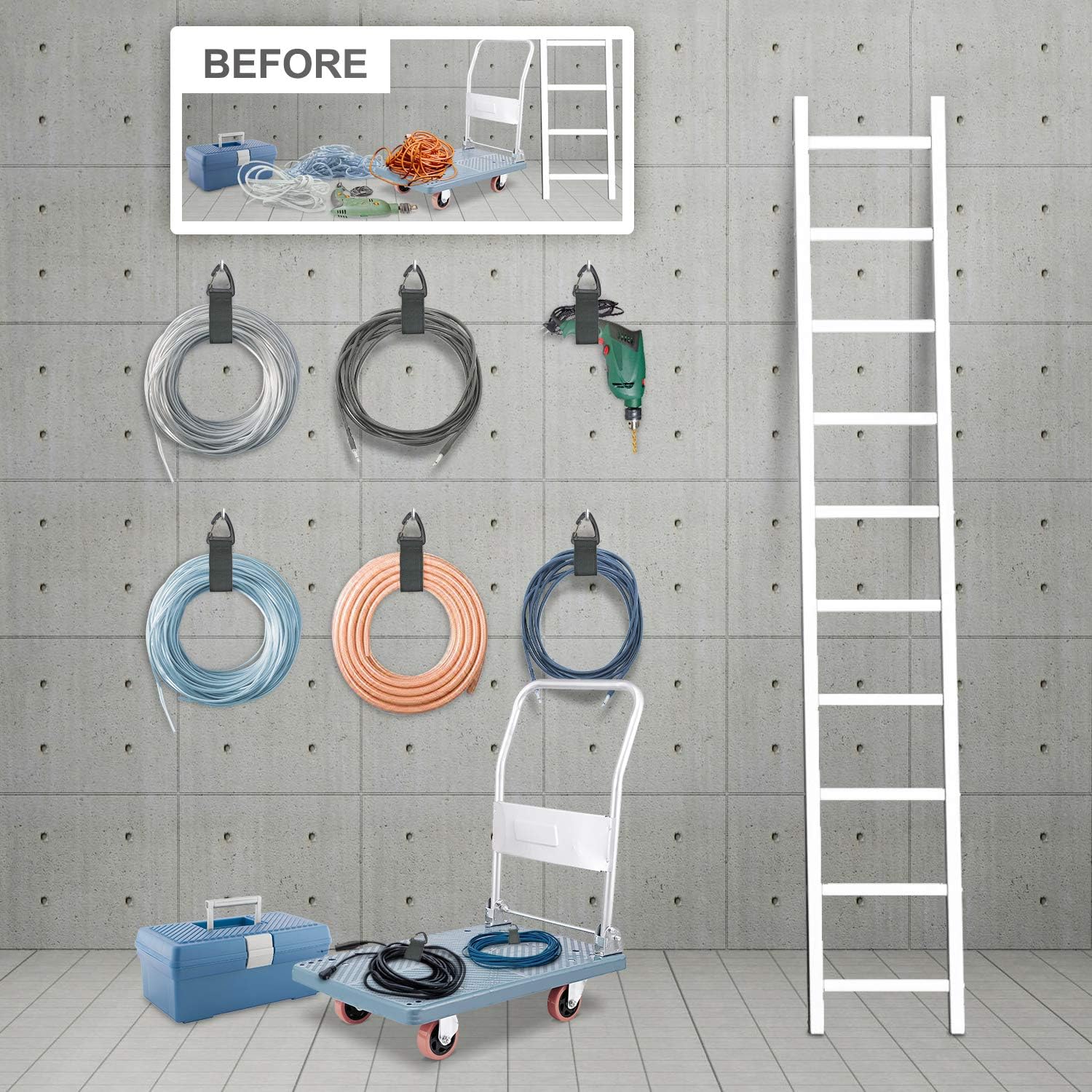 Extension Cord Organizer Garage Organization with Carabiner 8 Pack | 16-Inch straps, Holds Up to 50 lbs, Hose holder, Carabiner Clip, Heavy Duty, For House, For Yard, For Storage, For Workshop - view 3