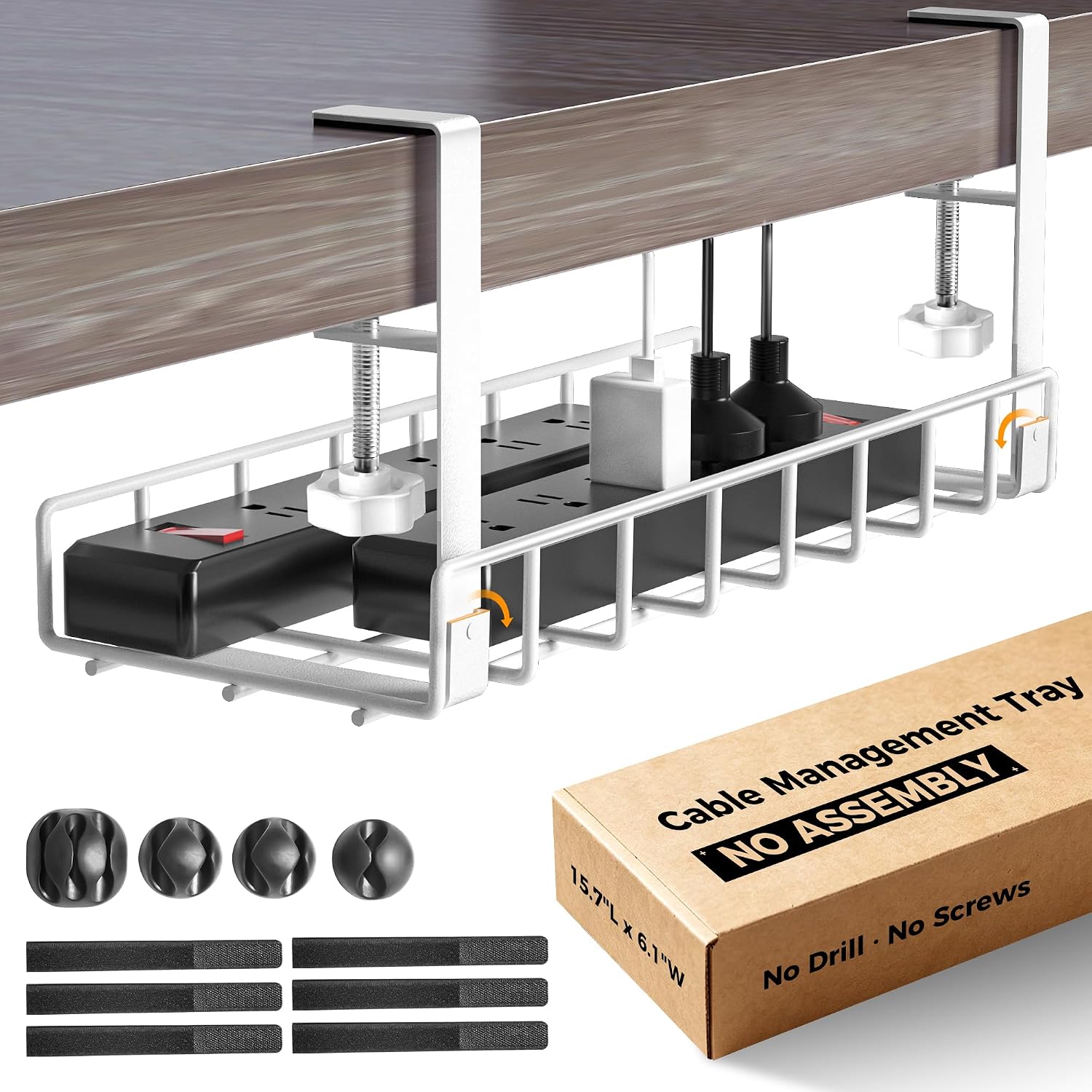 Under Desk Cable Management Tray, Upgraded Wire Management No Drill No Screws, Cable Tray with Clamp for Wire Organizers, Computer Cord Rack for Office, Home - No Damage to Desk White