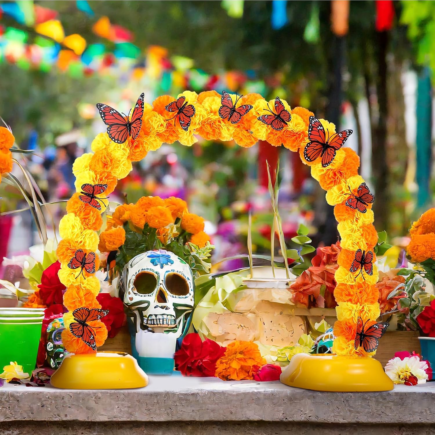 80 Silk Marigold Flowers Arch Kit, 40 Inch with 12 Butterfly | Day of the Dead Altar Decor, Artificial Flower Heads for Dia De Los Muertos Diwali, Orange Marigold Blooms, Table Setup - view 7
