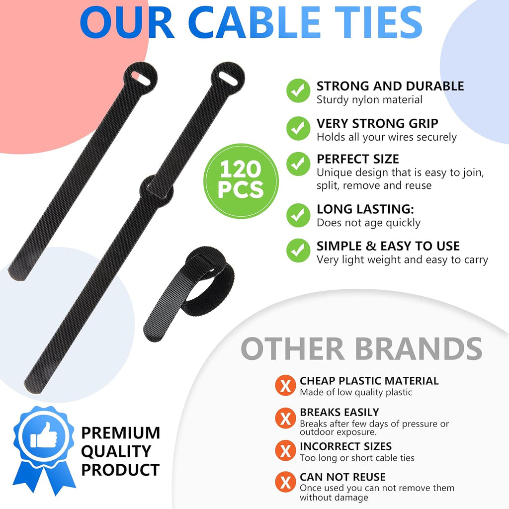 120 PCS 5/6/8 inch reusable cable ties for cords – data cable organizer ties – cord wraps for charging cords – electrical wire straps, black - view 3
