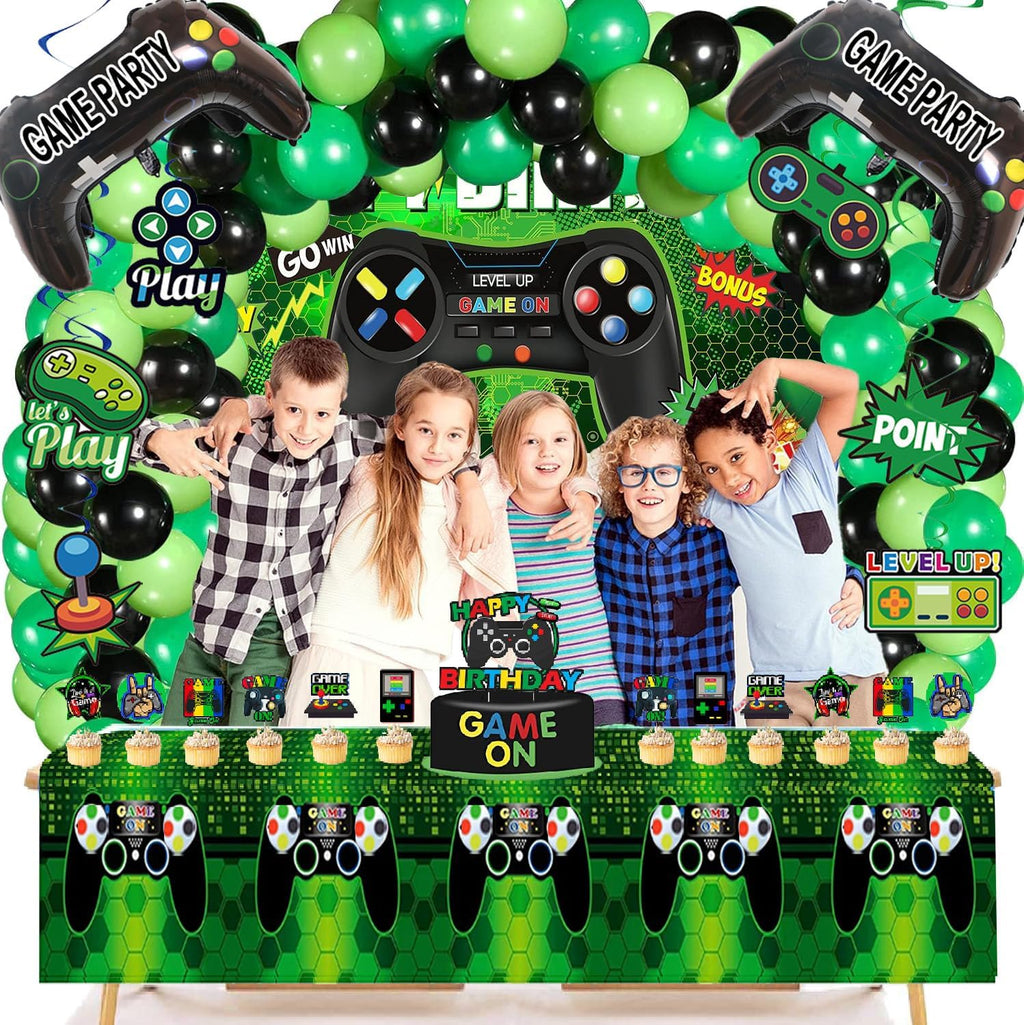 77Pcs Gamer Video Game Birthday Party Decorations Kit for Kids & Boys | Includes backdrop, swirls, table cover, cake toppers & controller balloons. All-in-one easy setup decor for game night. - view 7