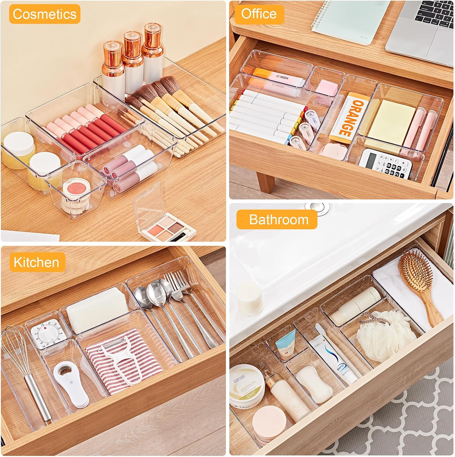 13-Piece Drawer Organizers with Non-Slip Silicone Pads, 5-Size | Clear Desk Bathroom Drawer Organizer Trays Storage Tray for Makeup, Jewelry, Utensils in Bedroom Dresser, Office and Kitchen - view 6