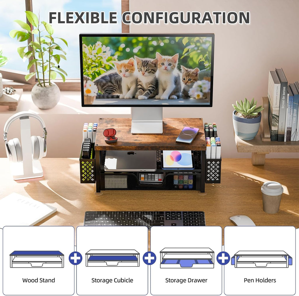 Monitor Stand with Drawer, 2-Tier Laptop Stand, Wood | Desk Organizers and Accessories with Drawer and 2 Pen Holders, Wood + Metal Stand Riser for Home Office, 20"W x 10"D x 5.8"H - view 2