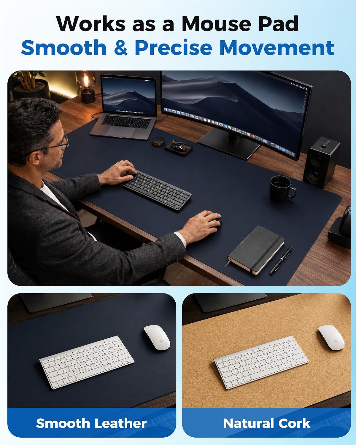 Dual-Sided Desk Mat, FSC Cork & PU Leather Desk Pad, Large Mouse Pad & Writing Surface for Daily Workspace Setup, Non-Slip Waterproof Desk Protector - 35.4" x 15.7", Dark Blue - view 3