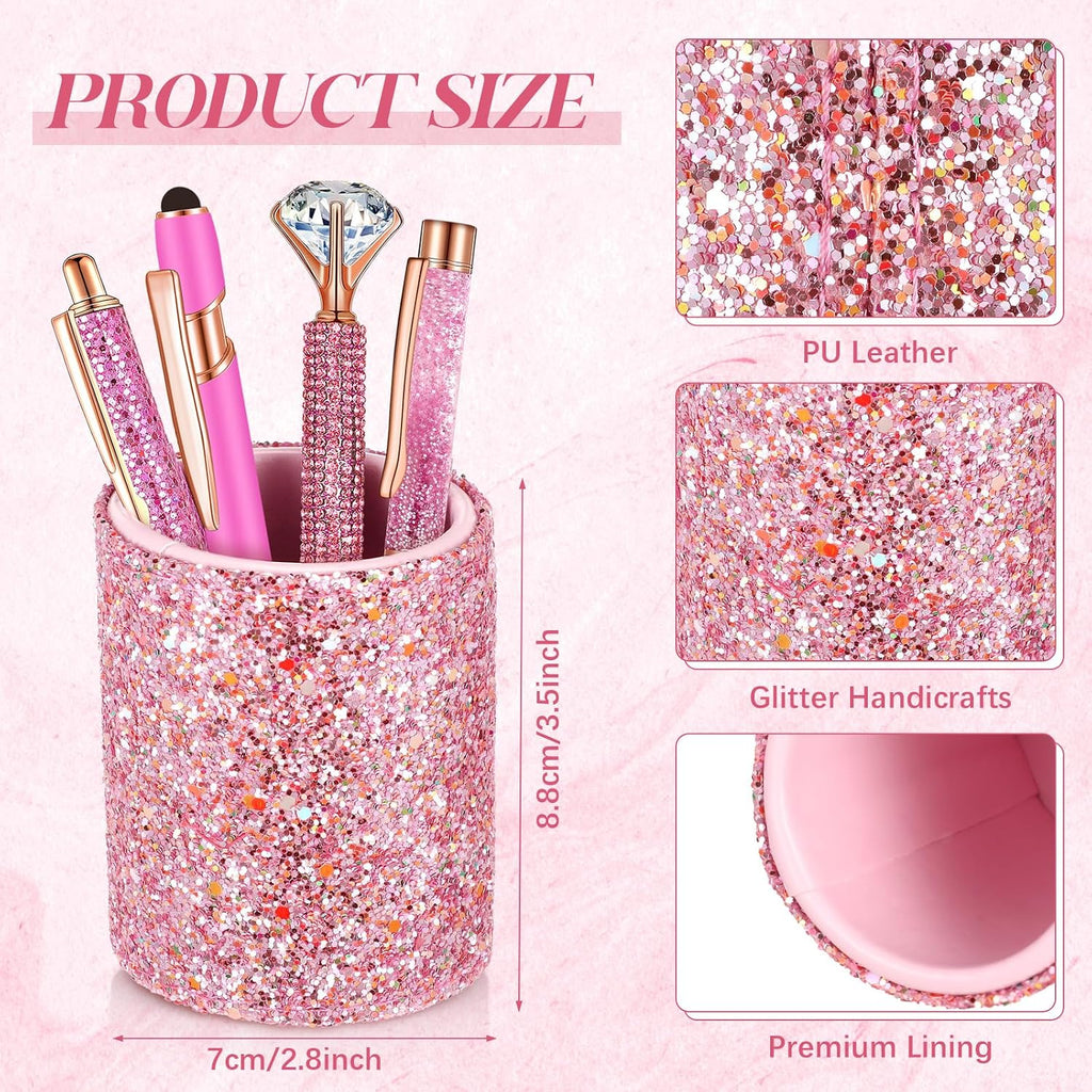 8 Pcs Shiny Pink Pens with Pen Holder for Desk Glitter Crystal Diamond Cute Ballpoint Fancy Pencil Holder Bling Desk Organizer for Women Girls School Office Supplies Wedding Graduation Gifts - view 3