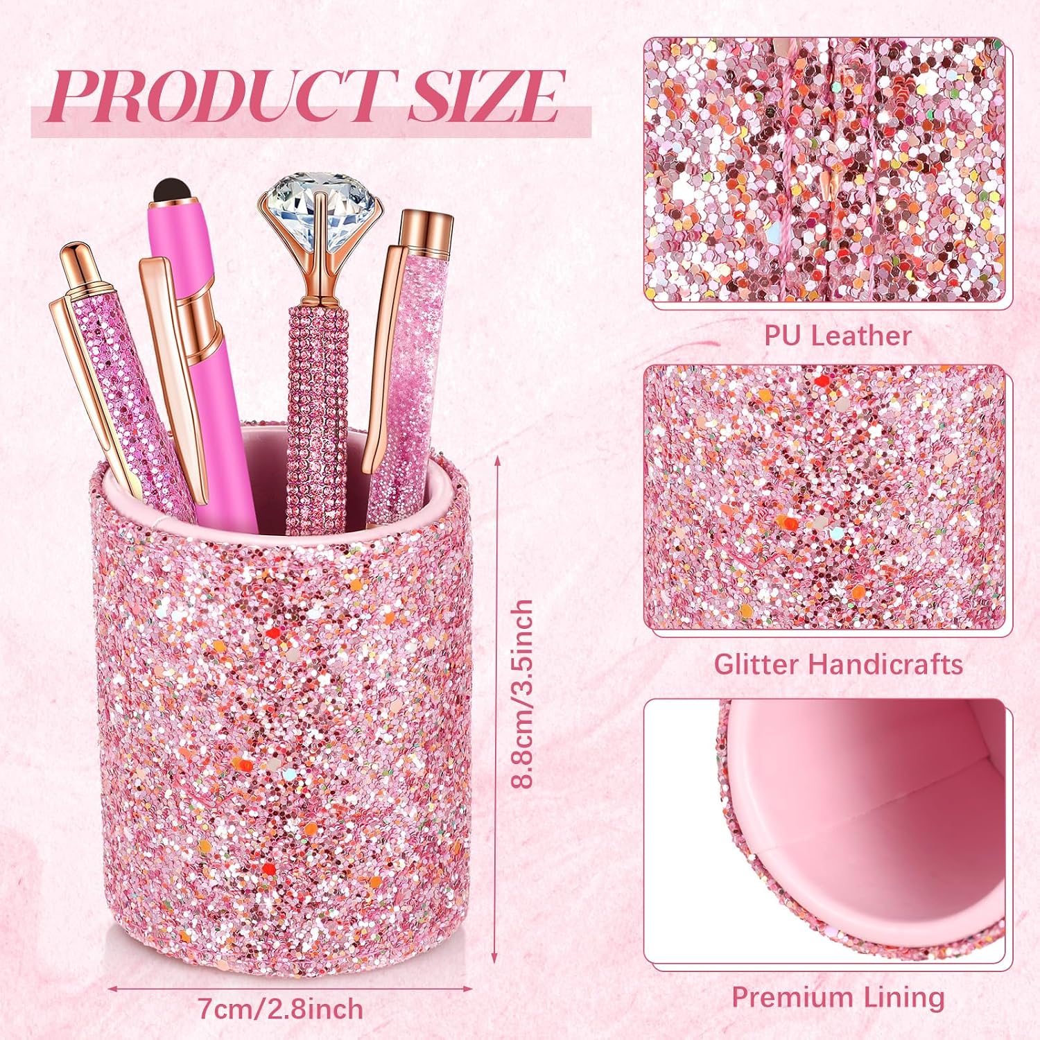 8 Pcs Shiny Pink Pens with Pen Holder for Desk Glitter Crystal Diamond Cute Ballpoint Fancy Pencil Holder Bling Desk Organizer for Women Girls School Office Supplies Wedding Graduation Gifts - view 3