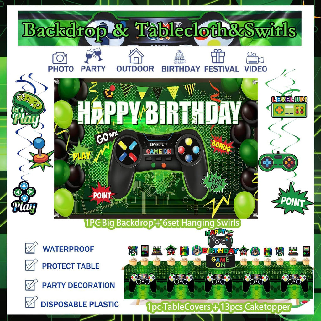 77Pcs Gamer Video Game Birthday Party Decorations Kit for Kids & Boys | Includes backdrop, swirls, table cover, cake toppers & controller balloons. All-in-one easy setup decor for game night. - view 4