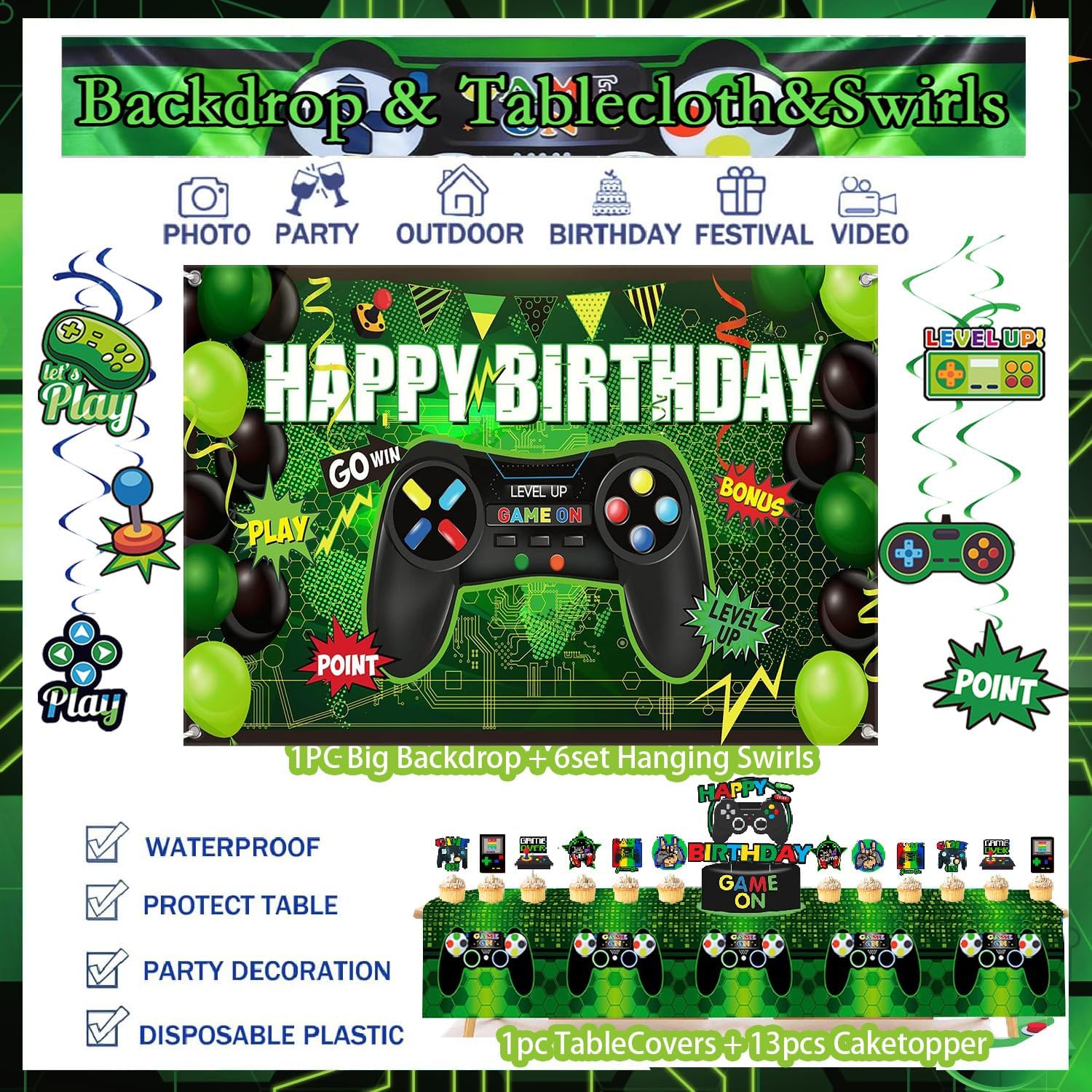 77Pcs Gamer Video Game Birthday Party Decorations Kit for Kids & Boys | Includes backdrop, swirls, table cover, cake toppers & controller balloons. All-in-one easy setup decor for game night. - view 4