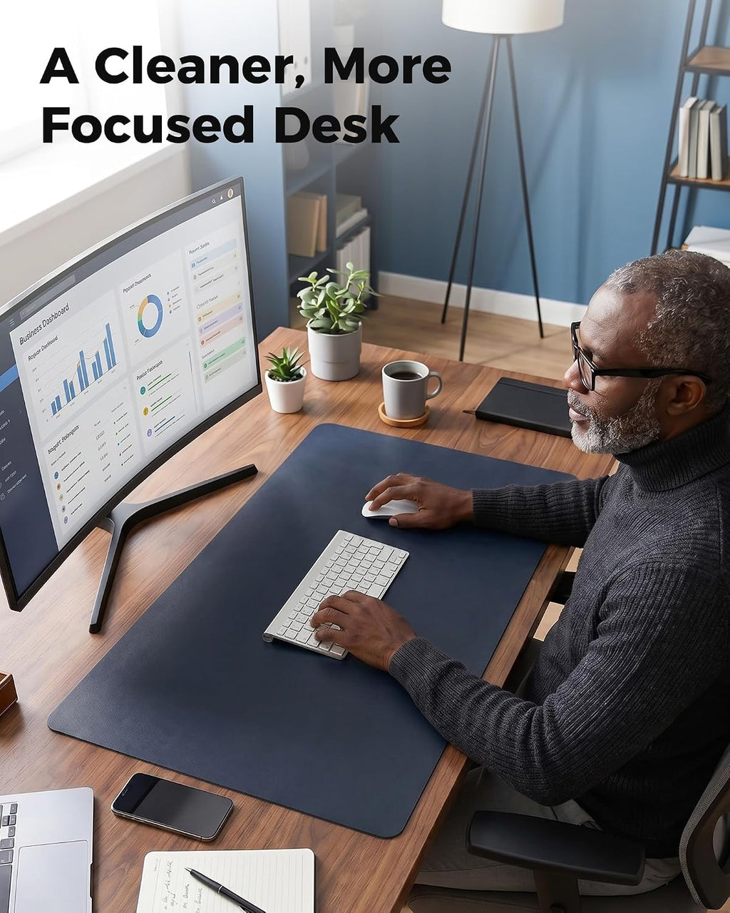 Dual-Sided Desk Mat, FSC Cork & PU Leather Desk Pad, Large Mouse Pad & Writing Surface for Daily Workspace Setup, Non-Slip Waterproof Desk Protector - 35.4" x 15.7", Dark Blue - view 7