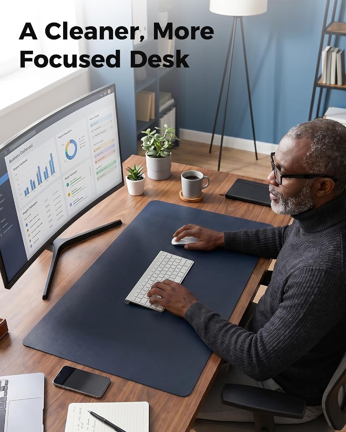 Dual-Sided Desk Mat, FSC Cork & PU Leather Desk Pad, Large Mouse Pad & Writing Surface for Daily Workspace Setup, Non-Slip Waterproof Desk Protector - 35.4" x 15.7", Dark Blue - view 7