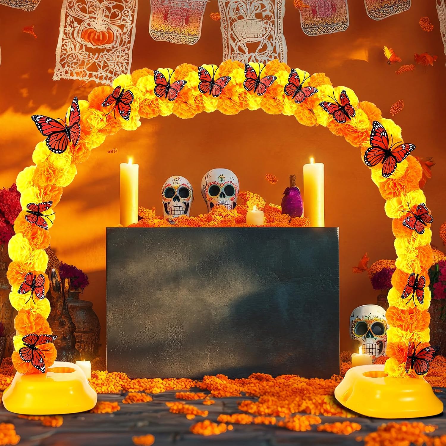 80 Silk Marigold Flowers Arch Kit, 40 Inch with 12 Butterfly | Day of the Dead Altar Decor, Artificial Flower Heads for Dia De Los Muertos Diwali, Orange Marigold Blooms, Table Setup - view 4