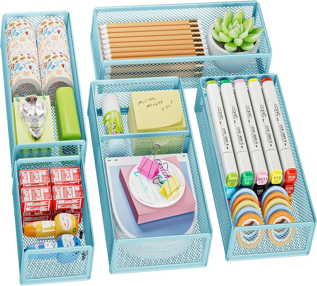 5 Pack Desk Drawer Organizer Set, Mesh Drawer Storage Trays with 1 Adjustable Divider, Desk Organizers and Accessories, 5 PCS Drawer for Office Supplies, Makeup & Vanity (Black) - view 6