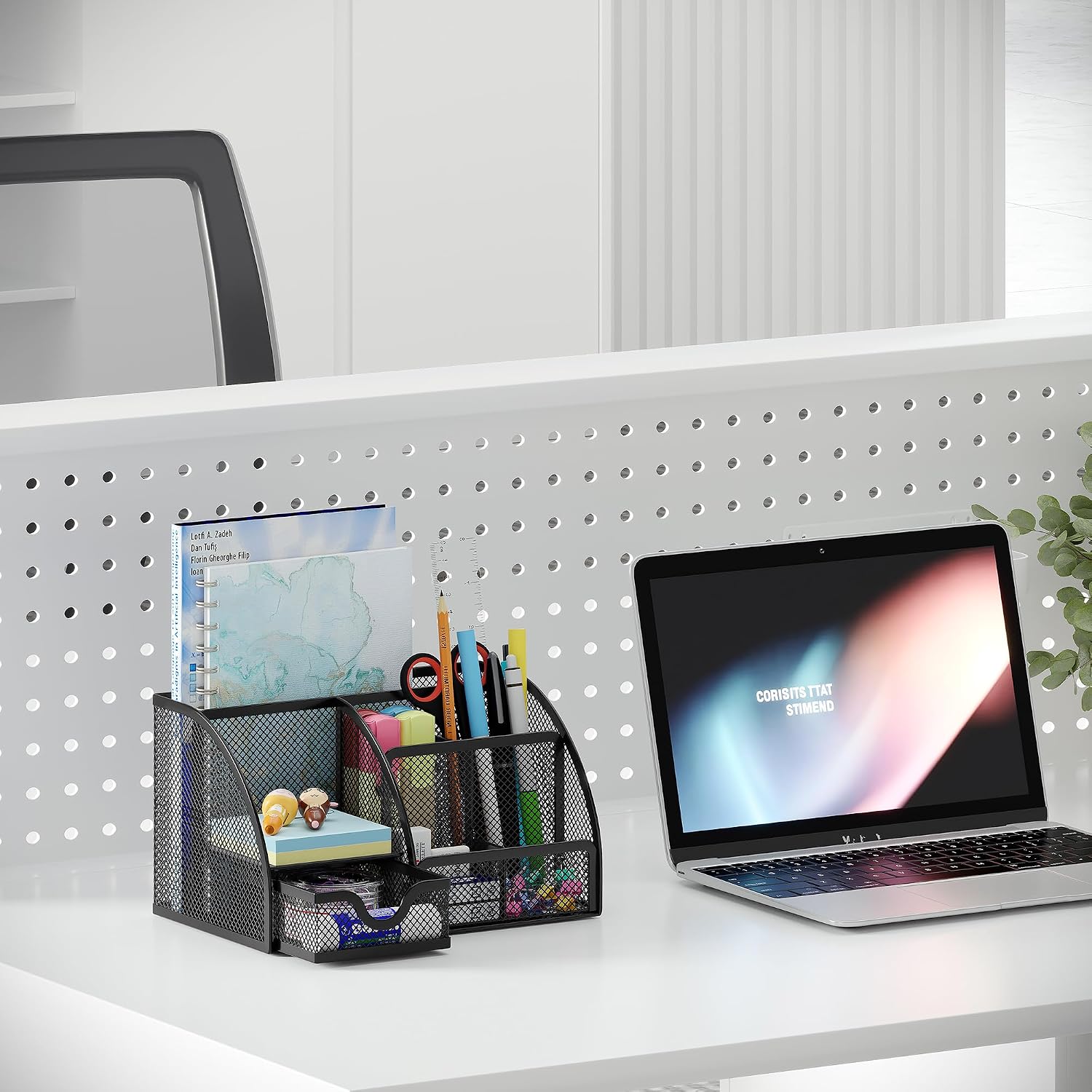 Mesh Desk Organizer with Drawer Multi-functional Pen Holder Stationery Organizer for Office School Supplies 6 Compartments Dorm Organizers and Storage for Desk, Black - view 5