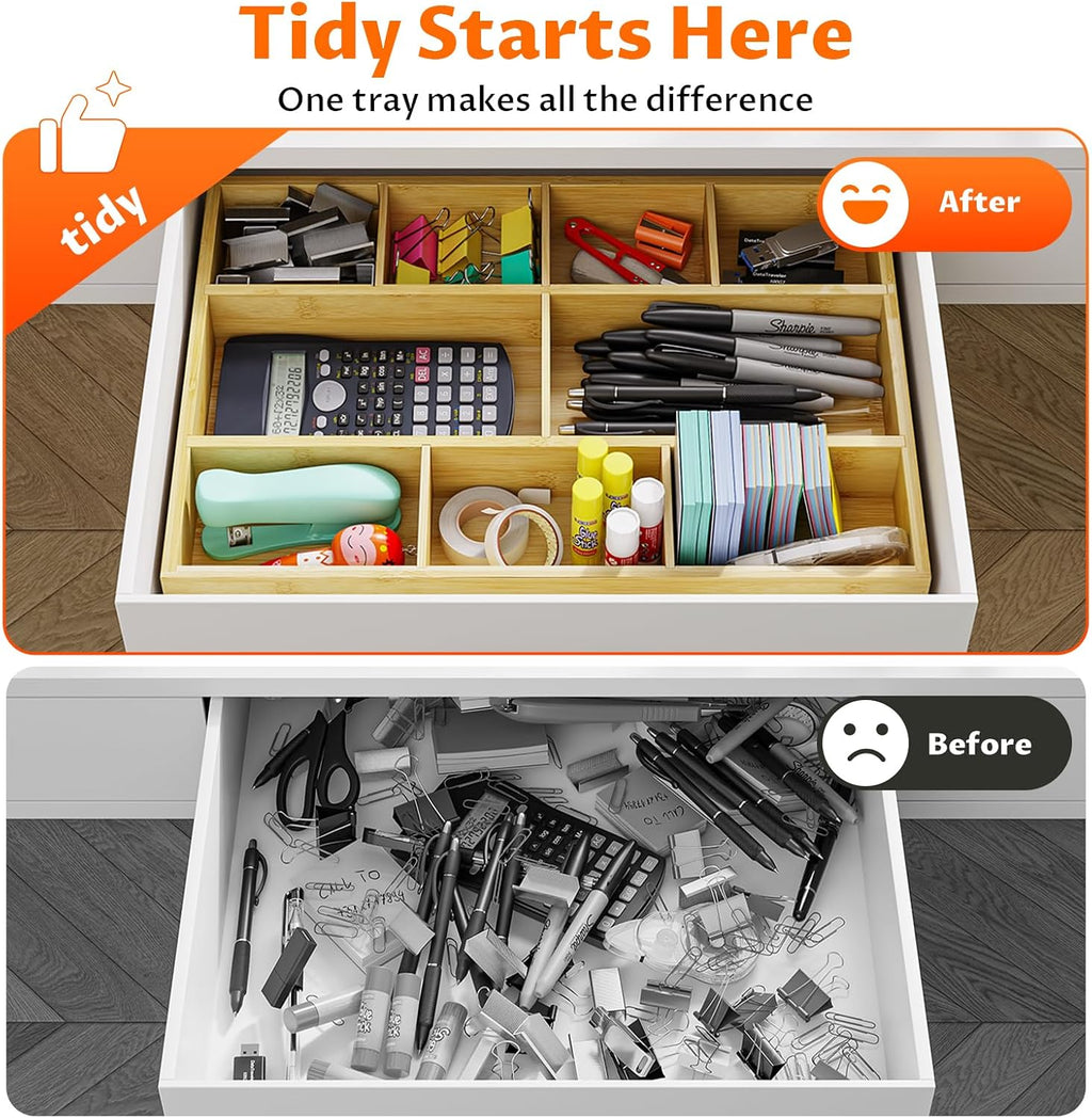 Bamboo Drawer Organizer with 9 Adjustable Compartments, Desk Storage Tray | Natural Bamboo, Flexible Modular Trays, Water-Resistant, Adjustable, Excellent Organization, Easy to Clean, Non-Slip Design - view 6