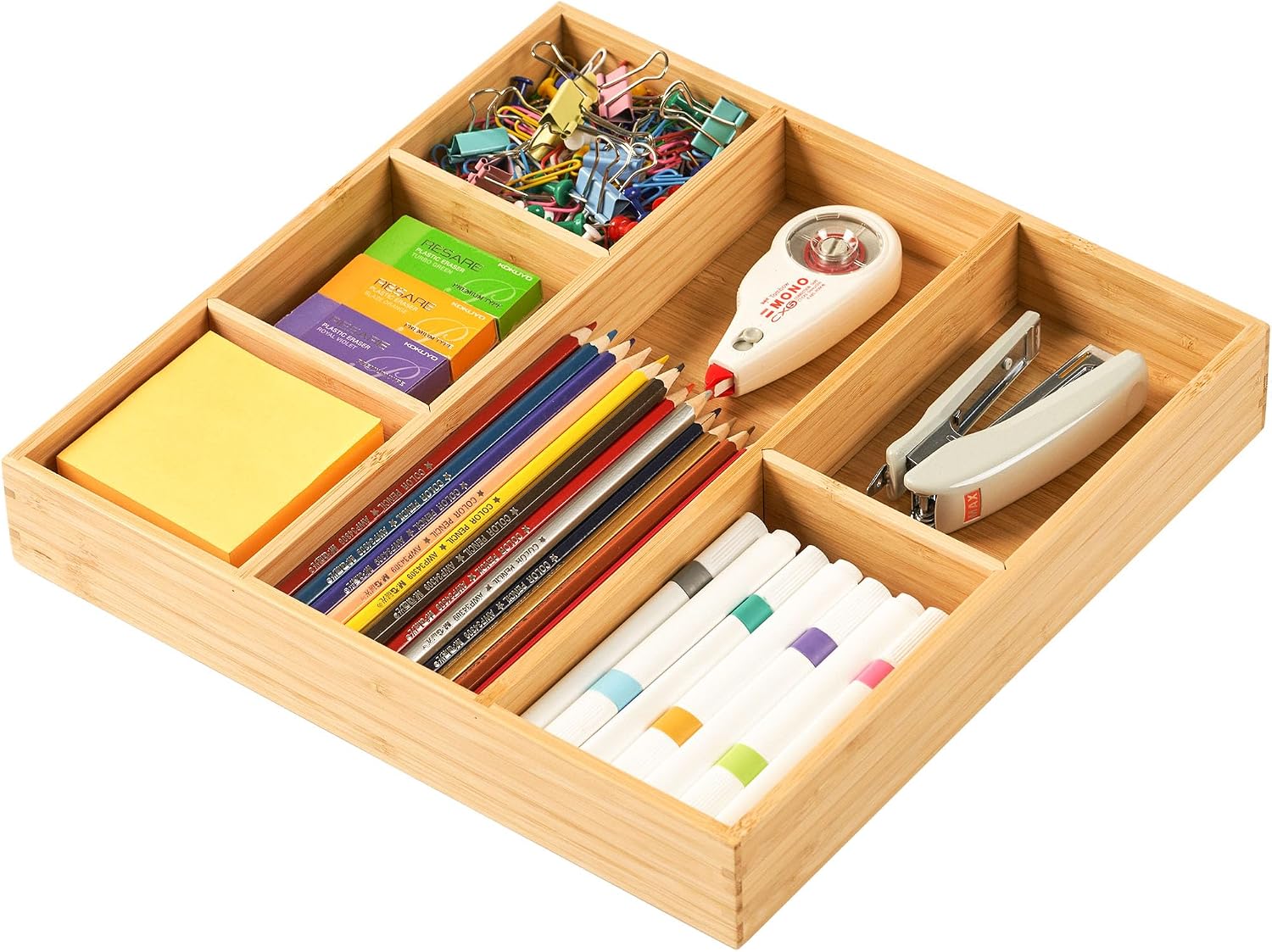 Bamboo Desk Drawer Organizer, Wood Junk Organizer Tray with Adjustable Dividers, Anti-Skip Storage Organization in Office Bathroom Drawer for Vanity, Makeup, 12" x 9" - view 8