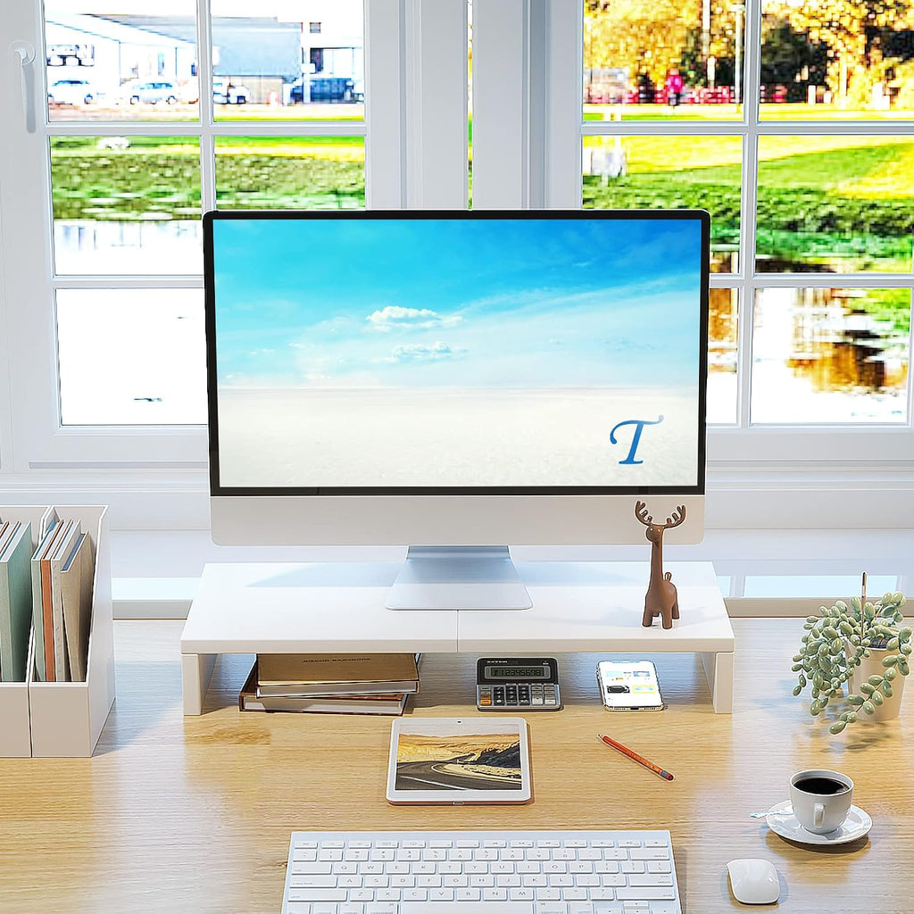 20 inch white monitor stand riser, wood desktop computer stand | fits laptop, printer, TV, PC tower, full keyboard storage underneath, ergonomic, desk organizer for home office gaming vanity - view 2