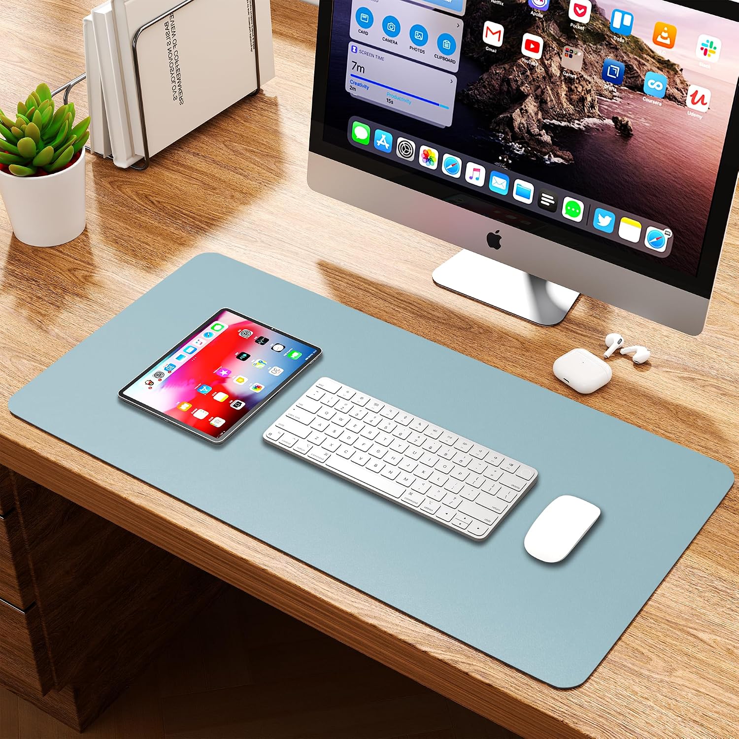 Leather desk pad protector, waterproof mouse pad, PU desk mat, office desk cover, desk writing mat for office/home/work/cubicle (light blue/silver) 31.5x15.7 in - view 5