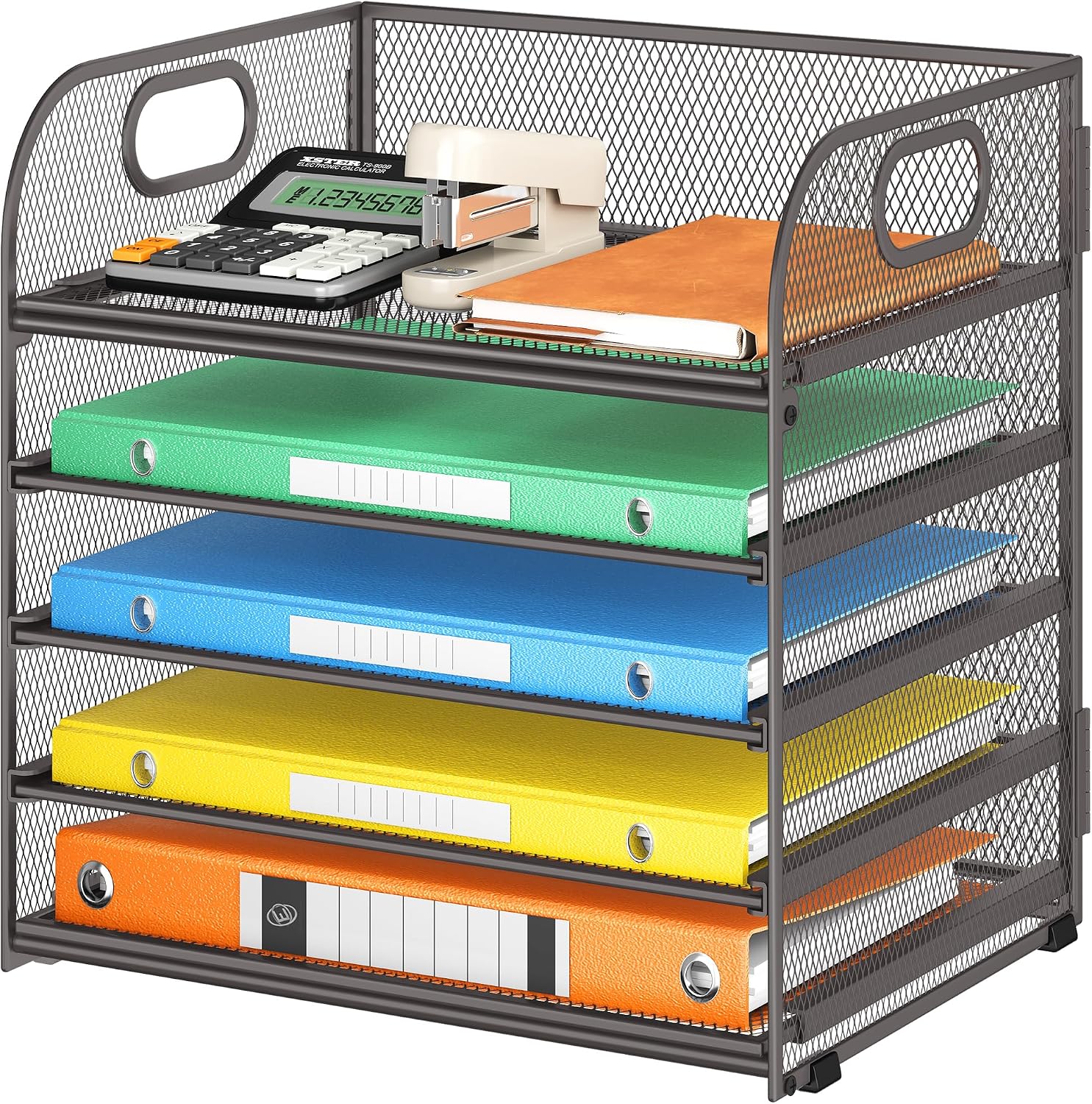 5 Tray Desk File Organizer, Black Mesh Paper Sorter Letter Tray Organizer with Handle, Desktop File Organizer and Storage for Letter/A4 Office File Folder - view 2