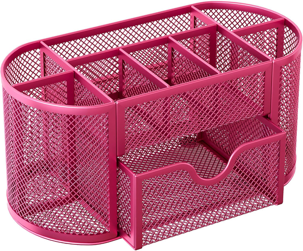 Mesh Pen Holder Desk Organizer with Drawer Stationery Supplies Organizer for Dorm School 9 Compartments Workspace Desk Accessories Organization for Office, Hot Pink - view 2