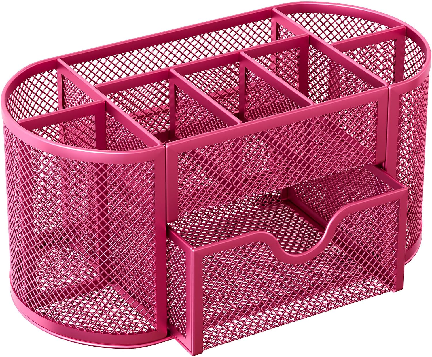 Mesh Pen Holder Desk Organizer with Drawer Stationery Supplies Organizer for Dorm School 9 Compartments Workspace Desk Accessories Organization for Office, Hot Pink - view 2