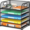 5 Tray Desk File Organizer, Black Mesh Paper Sorter Letter Tray Organizer with Handle, Desktop File Organizer and Storage for Letter/A4 Office File Folder