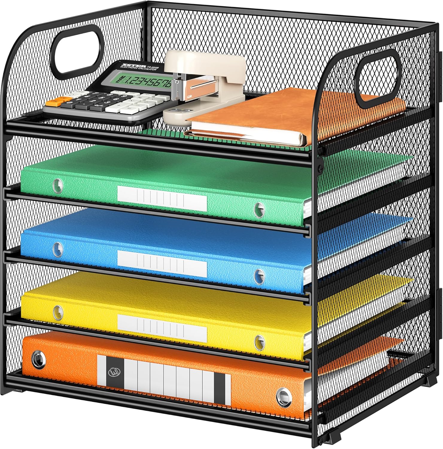 5 Tray Desk File Organizer, Black Mesh Paper Sorter Letter Tray Organizer with Handle, Desktop File Organizer and Storage for Letter/A4 Office File Folder