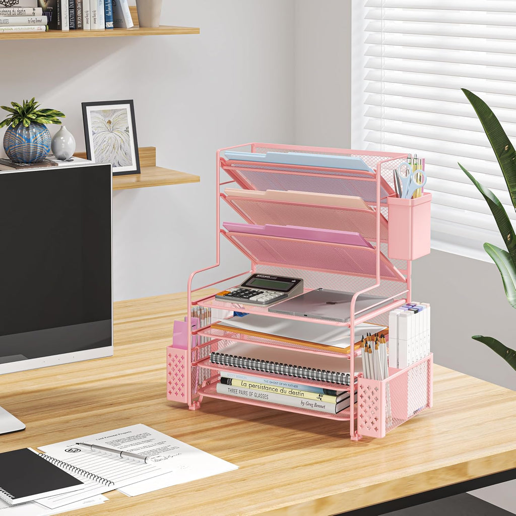 7 Tier Desk File Organizer, Letter Tray Paper Organizer with Pen Holder and Metal Hanging Basket, Pink - view 6