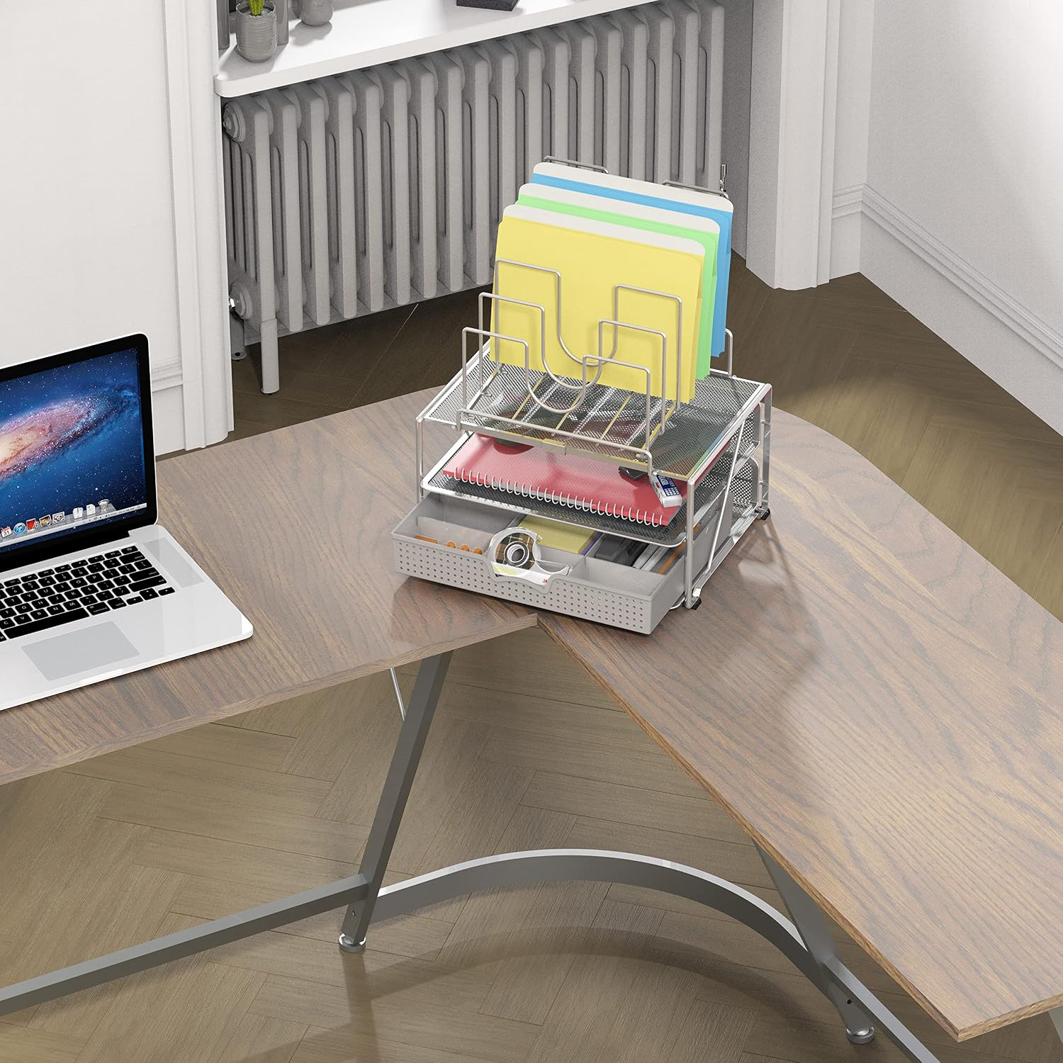 Desktop File Organizer with Double Tray & 5 Folder Stand Gray | Sliding Drawer with Adjustable Dividers - view 3