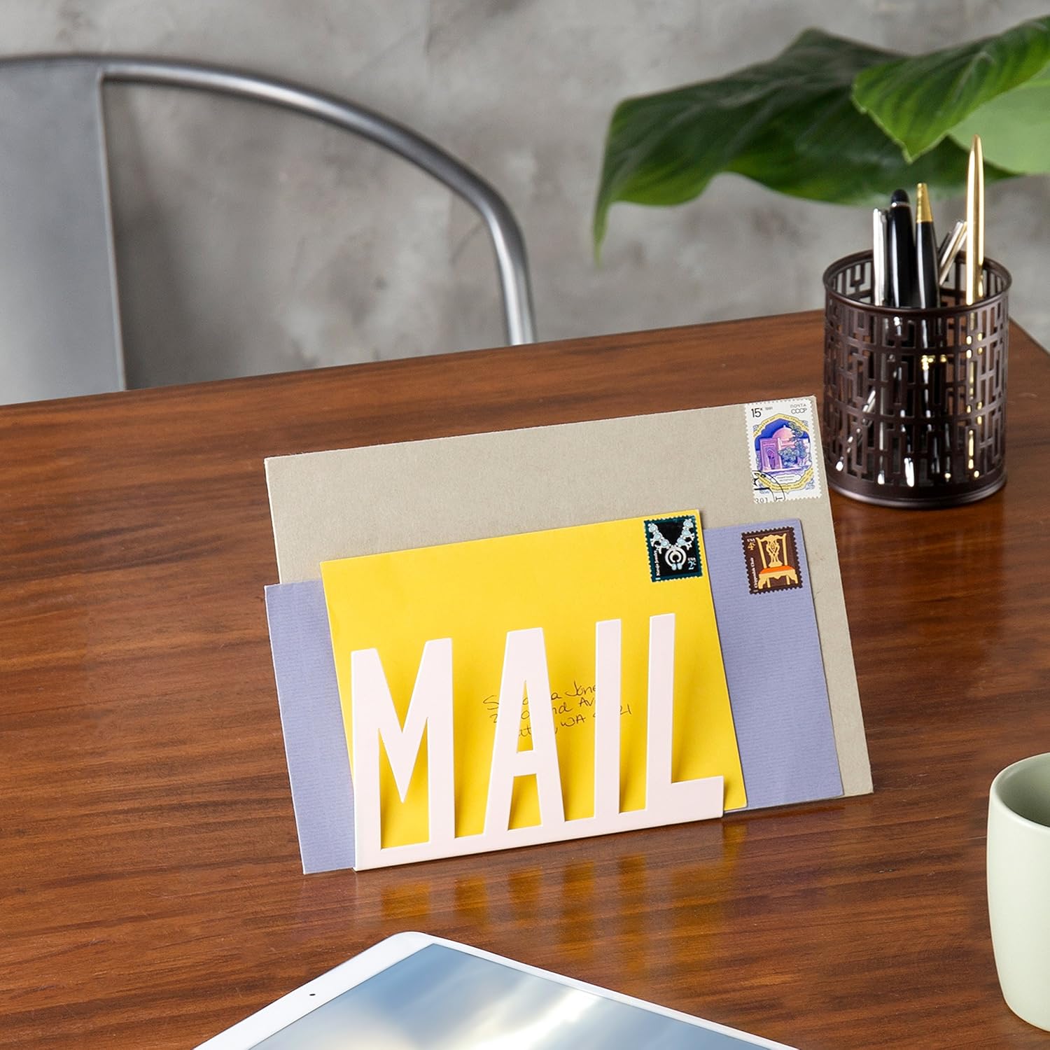 Mail Holder Organizer Countertop Modern Metal White with Cutout MAIL Lettering Design, Office Desktop Envelope and Document Storage Rack - view 6
