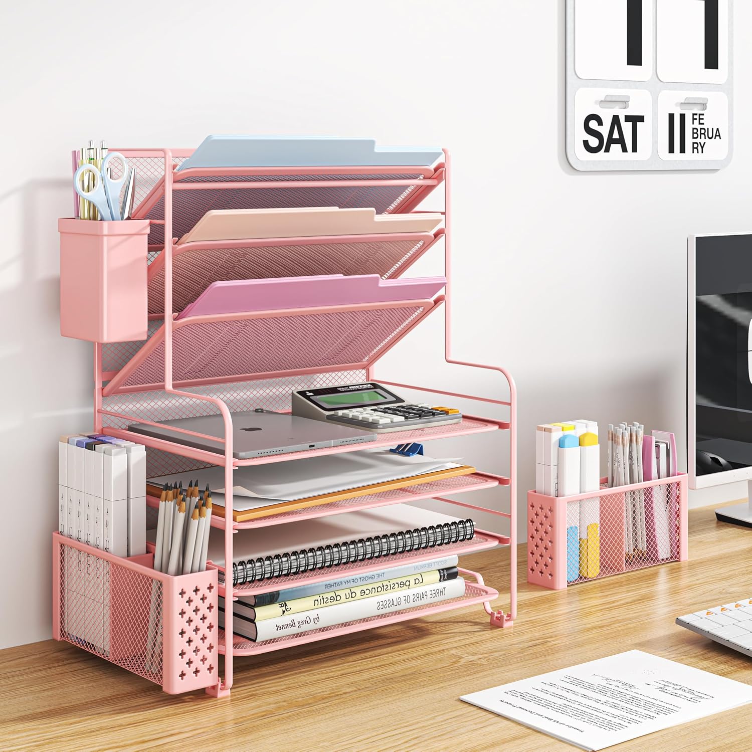 7 Tier Desk File Organizer, Letter Tray Paper Organizer with Pen Holder and Metal Hanging Basket, Pink - view 2