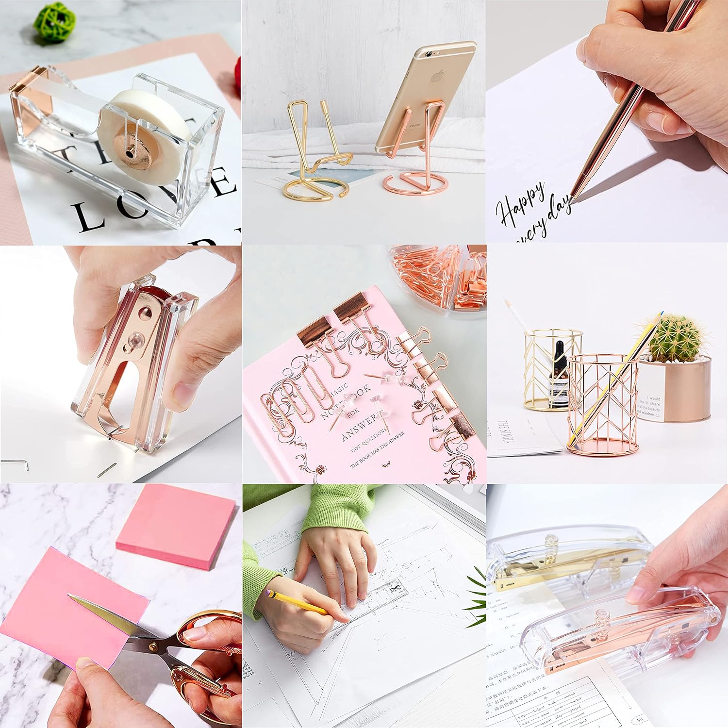 Rose gold office supplies and accessories, acrylic stapler, staple remover, tape holder, ballpoint pen, scissor, binder clips, staples, phone holder, ruler, transparent glue and 300 notes - view 5