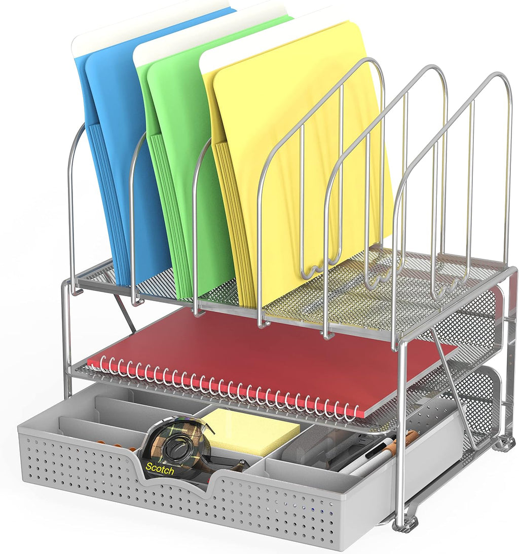 Mesh Desk Organizer with Double Tray, 5 Upright Sections and Sliding Drawer, Black | Sliding Drawer with Adjustable Dividers, Black - view 6