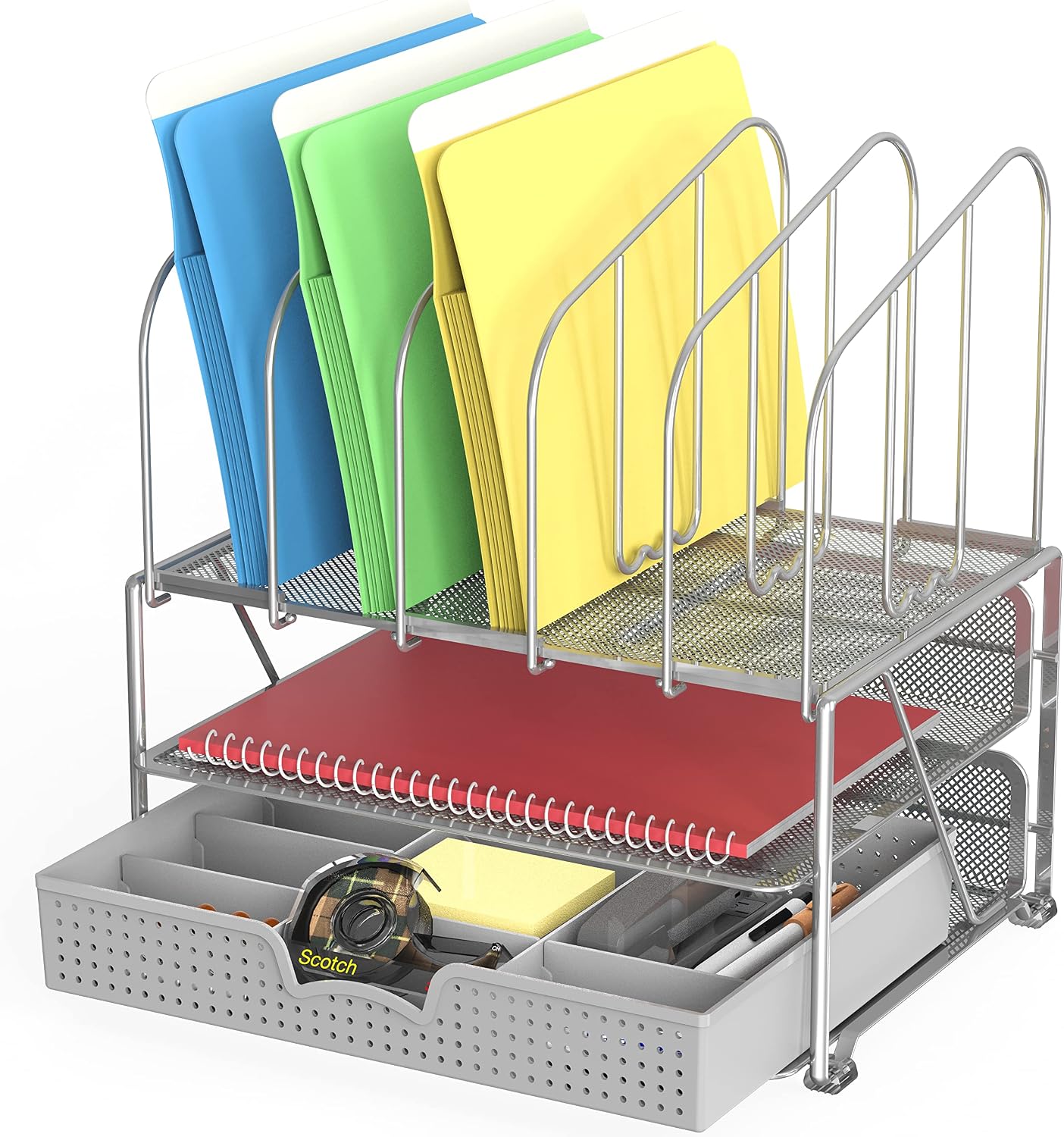 Mesh Desk Organizer with Double Tray, 5 Upright Sections and Sliding Drawer, Black | Sliding Drawer with Adjustable Dividers, Black - view 6