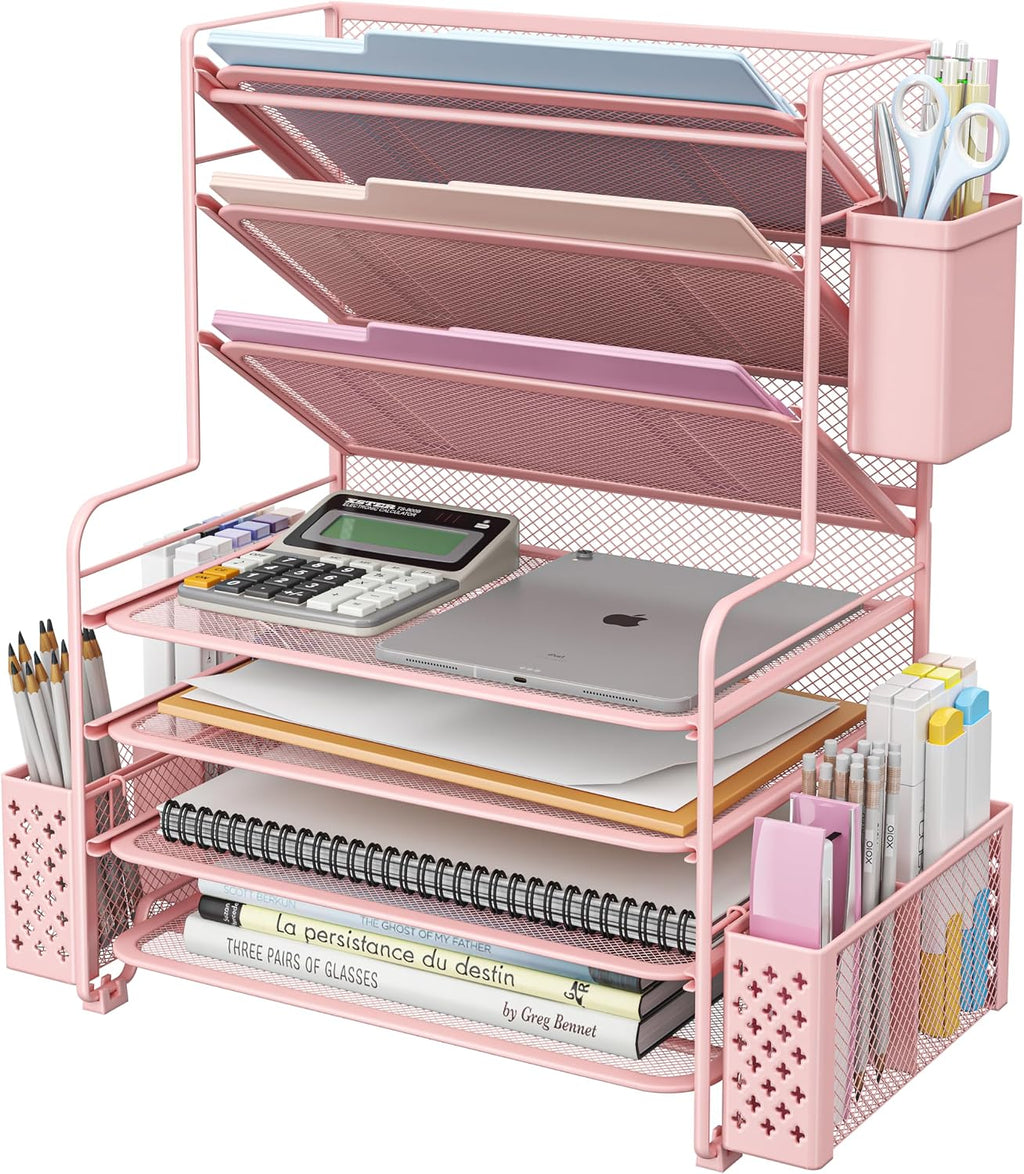 7 Tier Desk File Organizer, Letter Tray Paper Organizer with Pen Holder and Metal Hanging Basket, Pink