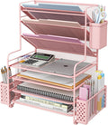7 Tier Desk File Organizer, Letter Tray Paper Organizer with Pen Holder and Metal Hanging Basket, Pink