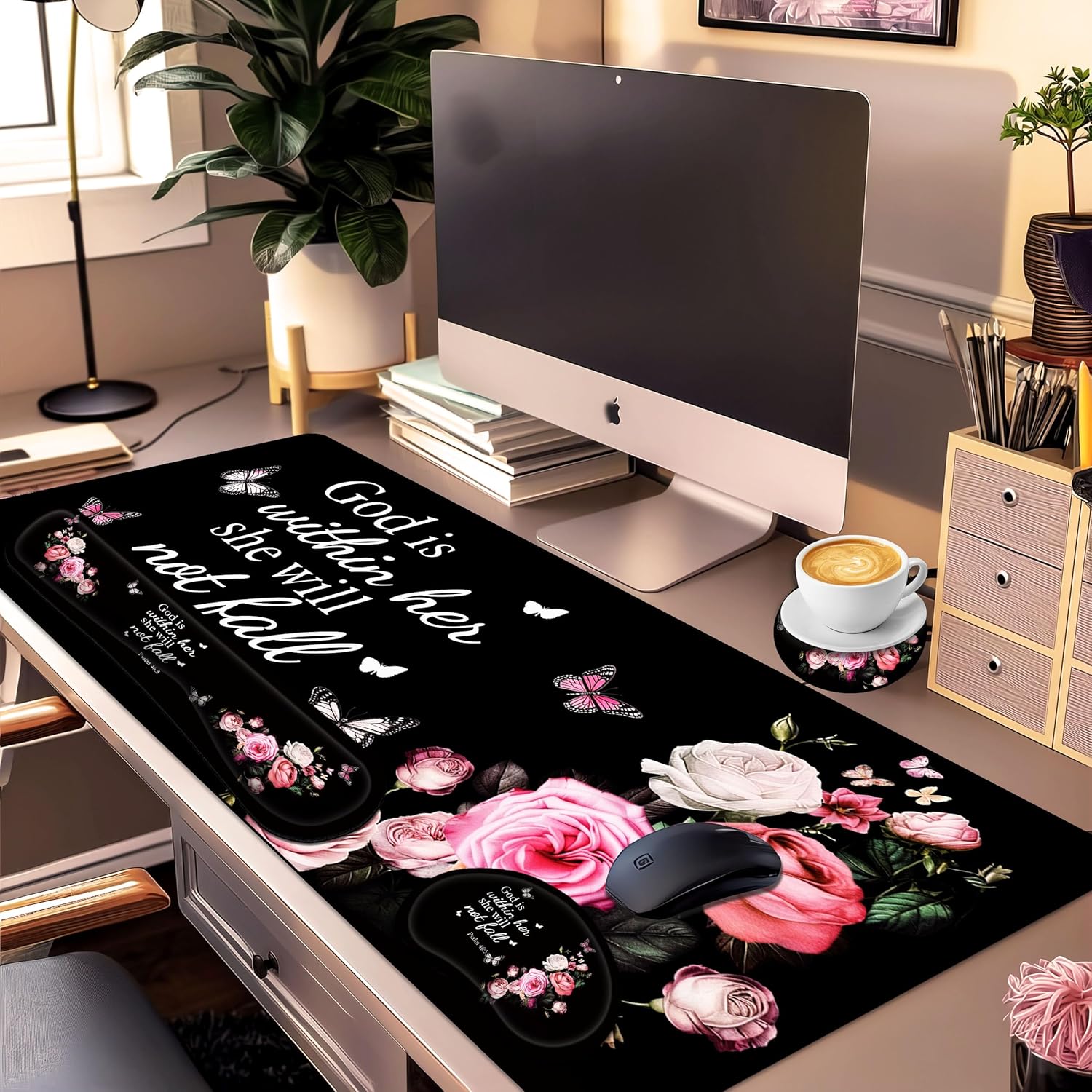 Large gaming mouse pad set 35.4 x 15.7 with keyboard wrist rest, wrist support, and coaster memory foam smooth desk pad mousepad for home office school - floral bible - view 2