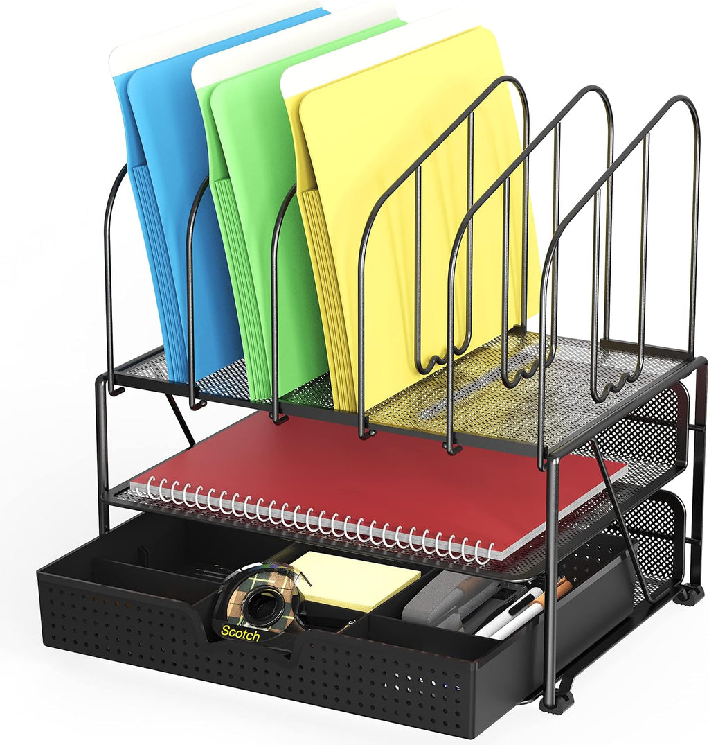 Mesh Desk Organizer with Double Tray, 5 Upright Sections and Sliding Drawer, Black | Sliding Drawer with Adjustable Dividers, Black