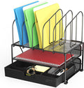 Mesh Desk Organizer with Double Tray, 5 Upright Sections and Sliding Drawer, Black | Sliding Drawer with Adjustable Dividers, Black