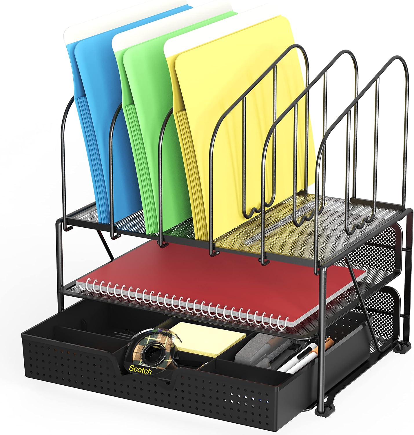 Mesh Desk Organizer with Double Tray, 5 Upright Sections and Sliding Drawer, Black | Sliding Drawer with Adjustable Dividers, Black