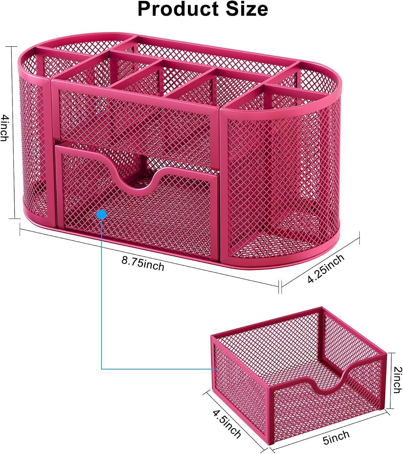 Mesh Pen Holder Desk Organizer with Drawer Stationery Supplies Organizer for Dorm School 9 Compartments Workspace Desk Accessories Organization for Office, Hot Pink - view 8